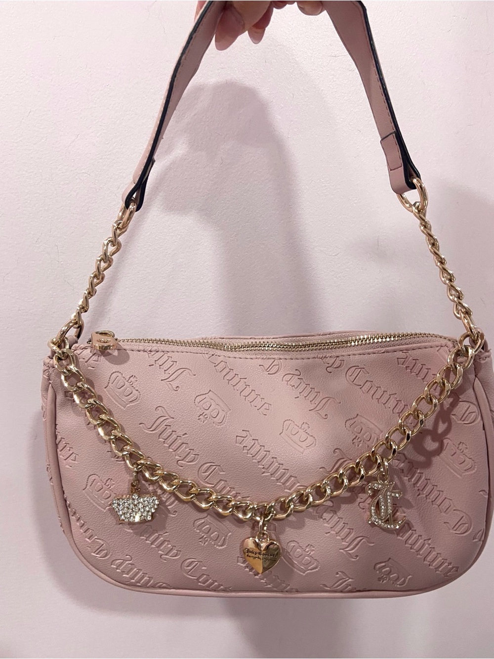 Juicy Couture Light Pink Embossed Logo Shoulder Bag with Gold Chain